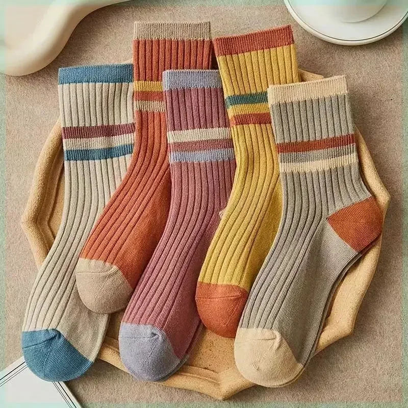 5 Pairs Striped Print Socks for Women Comfy Soft Mid Tube Socks Winter Harajuku Funny Casual Sock Women'S Stockings Hosiery