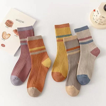 5 Pairs Striped Print Socks for Women Comfy Soft Mid Tube Socks Winter Harajuku Funny Casual Sock Women'S Stockings Hosiery