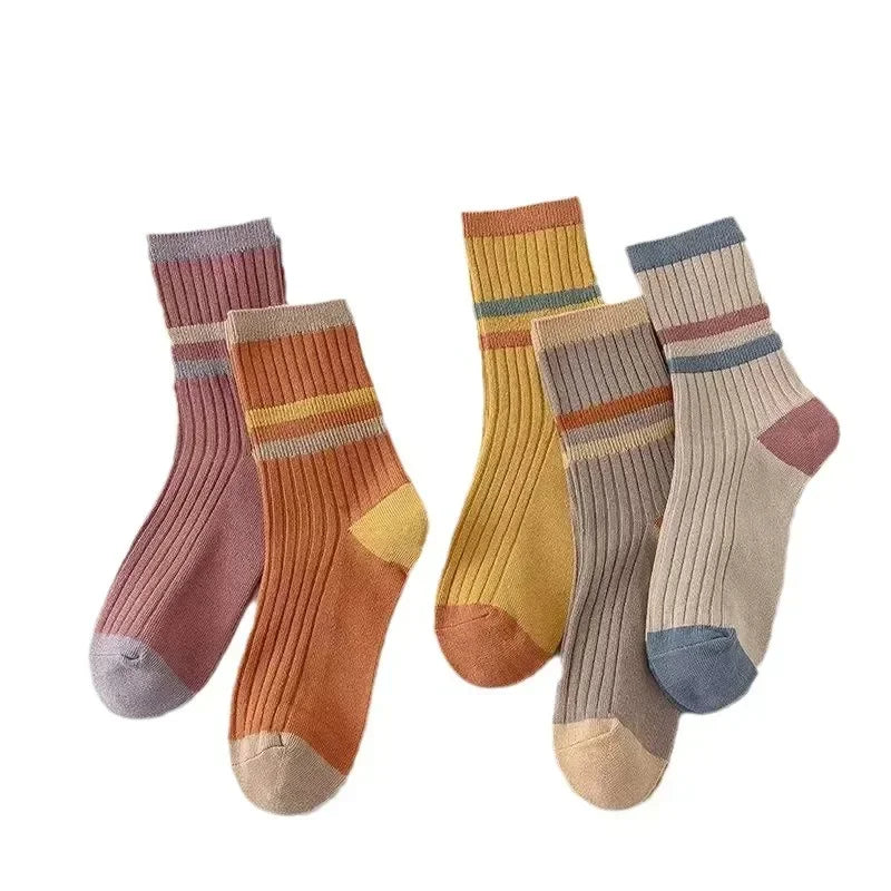 5 Pairs Striped Print Socks for Women Comfy Soft Mid Tube Socks Winter Harajuku Funny Casual Sock Women'S Stockings Hosiery